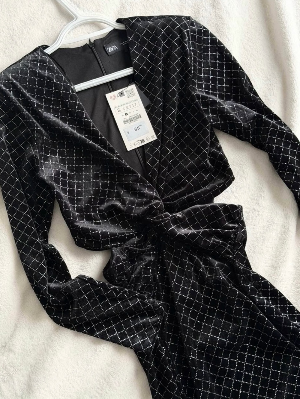 Zara Black Velvet Wrap Dress with Silver Grid Detail NWT